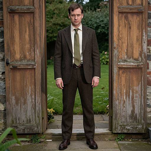 Photograph of a serious, middle-aged man in a black suit, white shirt, and gold tie, standing in a rustic wooden doorway with a grass