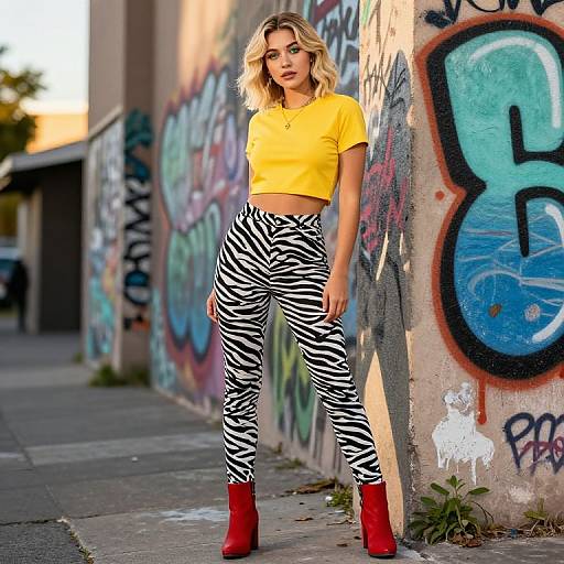 Photograph of a blonde woman in a yellow crop top and zebra-striped leggings, wearing red high heels, standing against a graffiti-covered wall in an