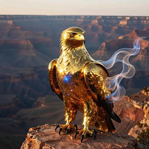 Digital art: Golden eagle with glowing blue eyes and ethereal blue smoke, perched on Grand Canyon ledge, against a sunset backdrop.