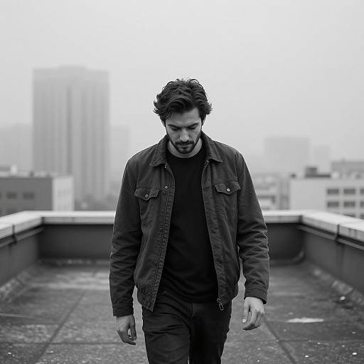Shadowed Man on a Foggy Rooftop