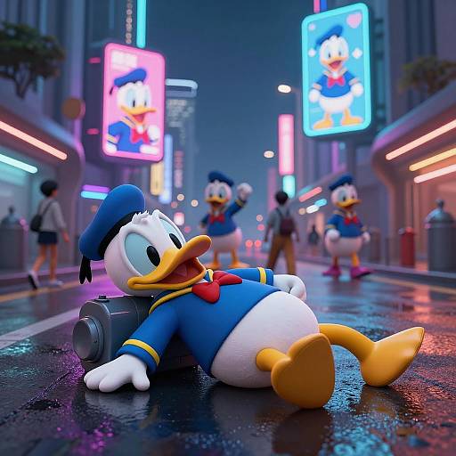 Defeated Superduck in Neon Futuristic City