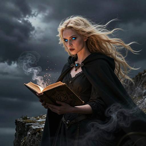Digital fantasy artwork of a blonde woman with glowing blue eyes, black cloak, and dark dress, reading an enchanted, smoke-emitting book under a storm