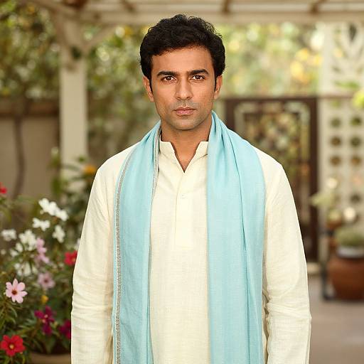 Photograph of a young South Asian man with short black hair, wearing a white kurta and light blue scarf, standing in a sunny, flower-filled
