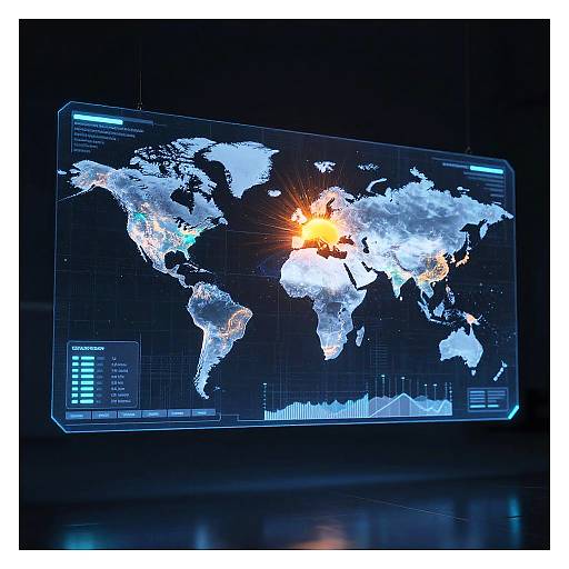 Digital world map displaying bright orange hotspot at Europe, illuminated against a dark blue background with detailed grid lines and menu.