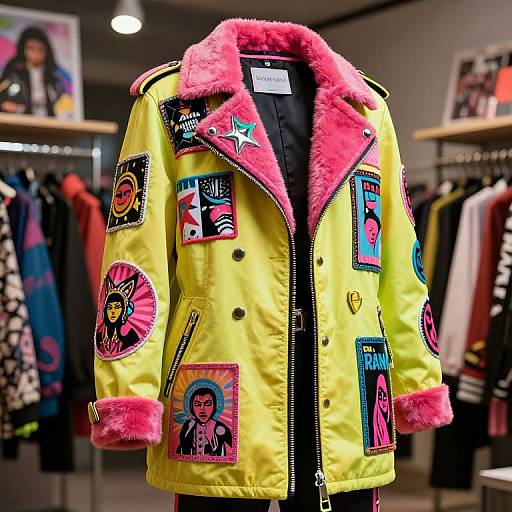 Photograph of a vibrant yellow jacket with pink fur collar, adorned with colorful pop art patches, displayed in a modern clothing store.
