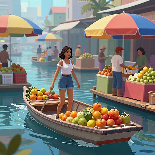 Digital illustration of a woman in a white top and blue shorts rowing a boat filled with colorful fruits through a vibrant market canal with colorful umbrellas and