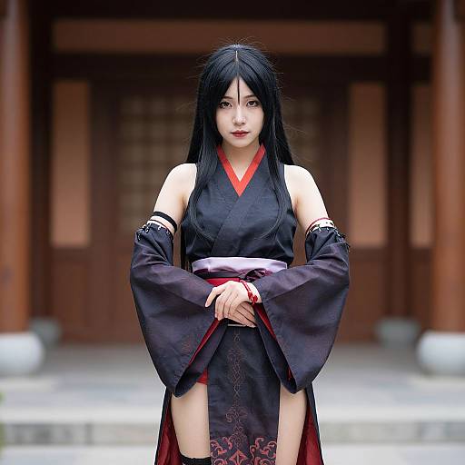 Digital artwork of an Asian woman with long black hair, wearing a black kimono with red trim, standing in front of a traditional wooden building. She