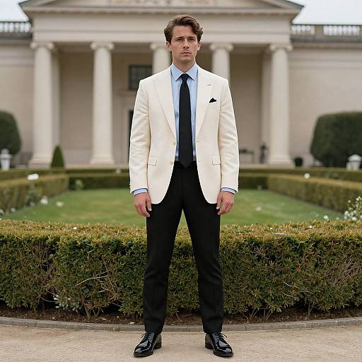 Man in Ivory Jacket by Neoclassical Façade