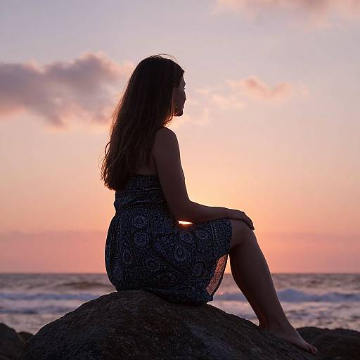 Silhouetted woman with long hair in patterned dress, sitting on rock at sunset, ocean waves in background, pink and orange sky.