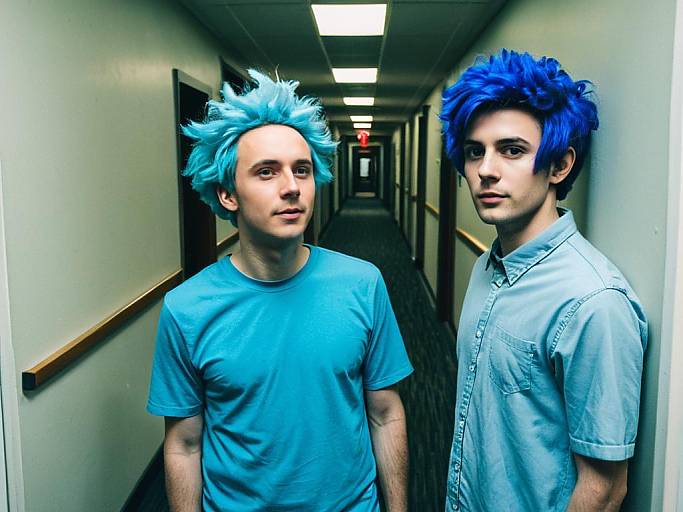 Photograph of two men with blue and purple spiky hair standing in a dimly lit hallway, wearing casual shirts, with a fluorescent light overhead.