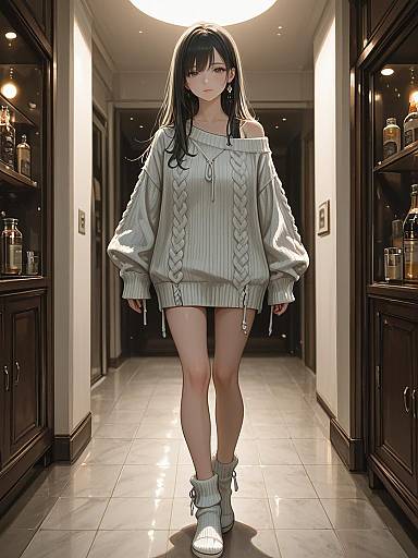 Woman in Oversized Knit Sweater Walking Indoors