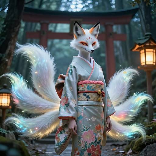 Digital art of a white fox with red eyes, wearing a floral kimono, standing in a forest with glowing lanterns and torii gate. Multiple
