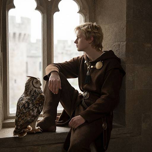 Photograph of a blond man in medieval attire with a large owl, sitting by a gothic window, sunlight backlighting them.