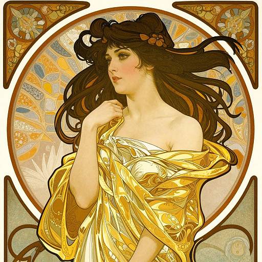 Digital illustration of a fair-skinned, brunette woman with flowing hair, wearing a golden, off-shoulder dress, set against an ornate,