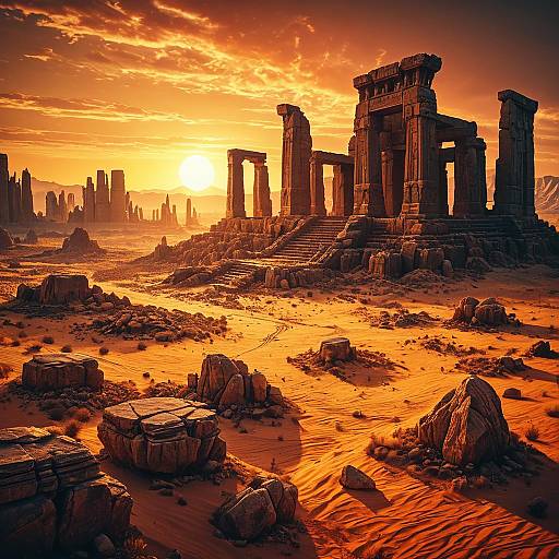 Ancient Monolithic Temples in Amber Desert Sunset