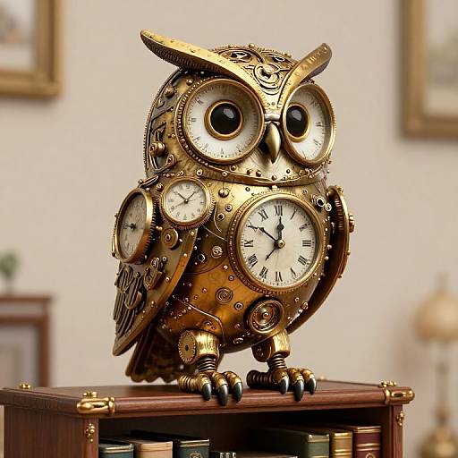 Steampunk owl clock with four clock faces, brass details, and large round eyes, standing on a wooden table in a vintage room.