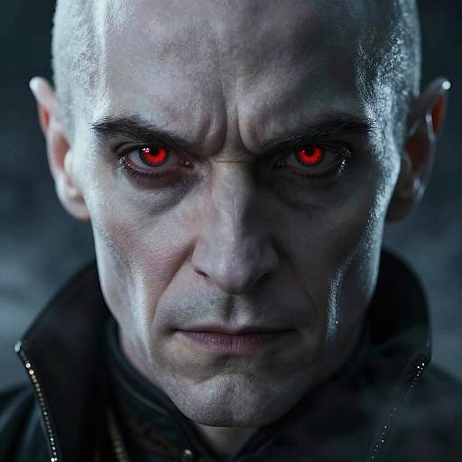 Close-up photograph of a bald, pale-skinned man with intense red eyes, furrowed brows, and shadowed face, wearing a dark jacket