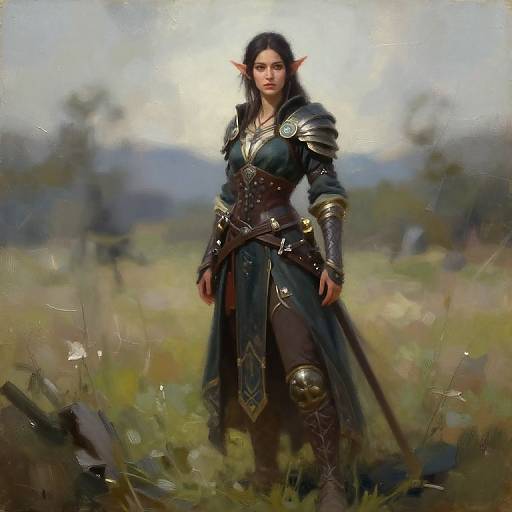 Digital painting of a stern, dark-haired elf woman in ornate, silver-embellished armor standing in a grassy, sunlit meadow