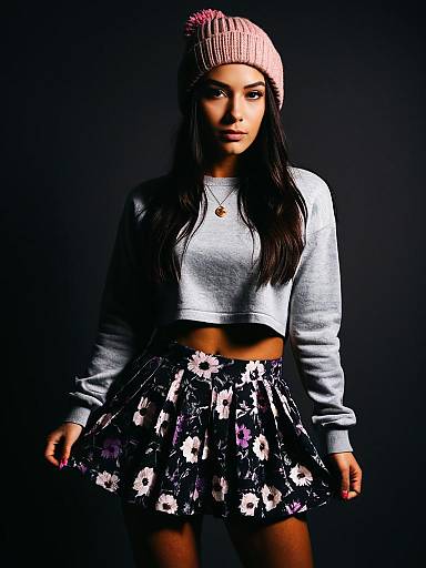 Young Woman in Casual Chic Outfit with Floral Skirt