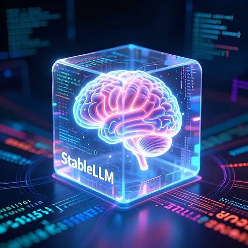 Neon-lit, glowing brain hologram inside a transparent cube labeled 