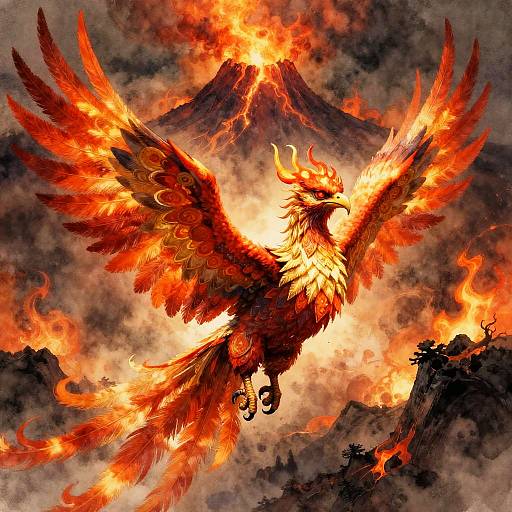 Aerial Watercolor Phoenix Rider Over Volcano