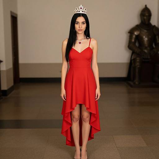 Photograph of a woman with long black hair, wearing a silver tiara, red asymmetrical dress, and red necklace, standing in a dimly