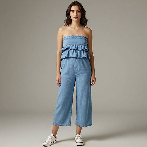 Photograph of a young woman with wavy brown hair, wearing a strapless, ruffle-trimmed, blue denim jumpsuit and white sneakers