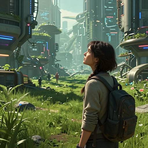 Digital art: Young woman with black hair and backpack gazes at futuristic, neon-lit cityscape with lush, overgrown greenery in foreground.