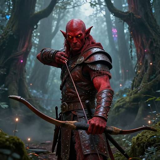 Digital fantasy artwork of a red-skinned, bald, muscular orc archer with glowing eyes, wearing dark metal armor, drawing a bow in a mystical