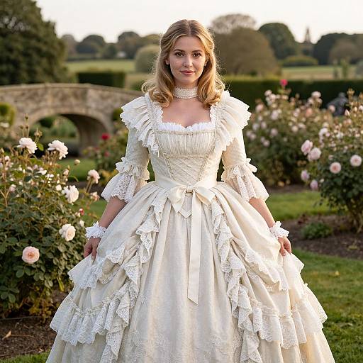 Photograph of a blonde woman in a white, lace-trimmed, Victorian-style wedding gown, standing in a lush, rose-filled garden with a