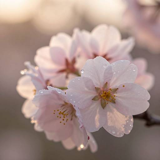 Close-up photograph of delicate pink cherry blossoms with droplets of water on petals, softly blurred background, sunlight filtering through.