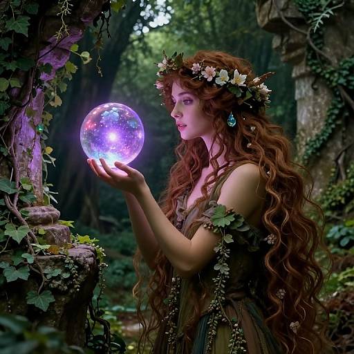 Fantasy photograph of a fair-skinned, red-haired fairy woman with a flower crown, wearing leafy attire, holding a glowing purple orb in a