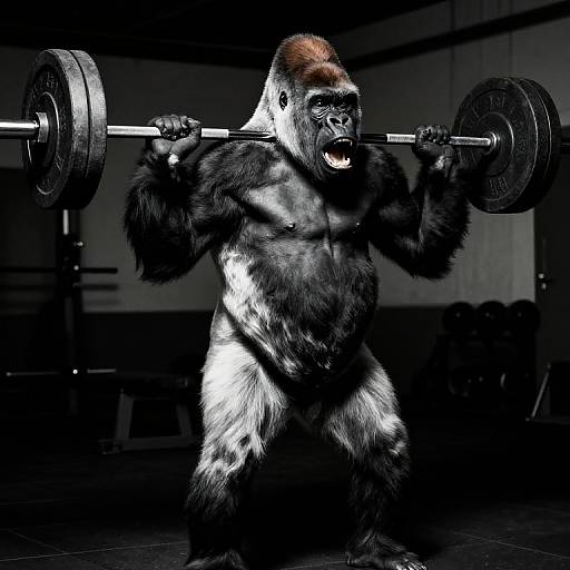 Photograph of a muscular, black-furred gorilla lifting a heavy barbell in a dark, gym-like setting, with dramatic lighting highlighting its powerful