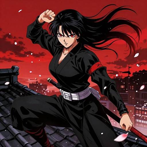Anime-style digital drawing of a fierce, black-haired woman in a black ninja outfit, sword in hand, on a rooftop at sunset with a red sky