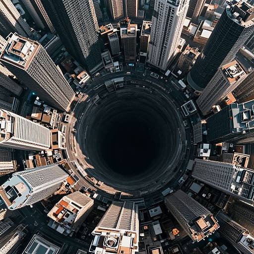 Digital art of a cityscape viewed from above, with tall buildings converging towards a dark, circular center, creating a tunnel-like effect. Buildings have