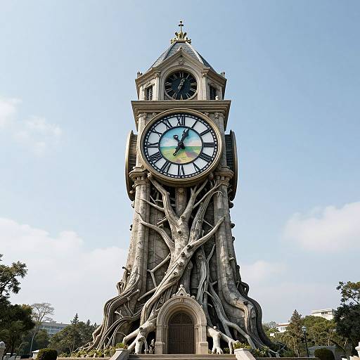 Colossal Clock Tower with Skeletal Branches