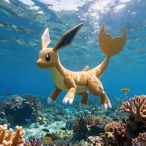 Photograph of underwater scene with a floating, tan, cat-like Pokémon (Nidorina) with large ears and finned tail, surrounded by colorful