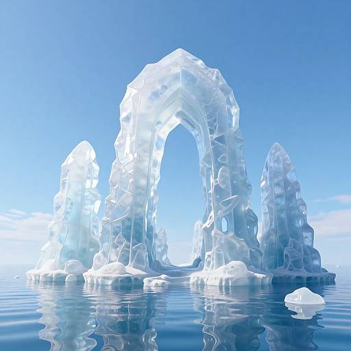 Photorealistic digital image of three translucent, icy arches floating on calm blue water under a clear sky.