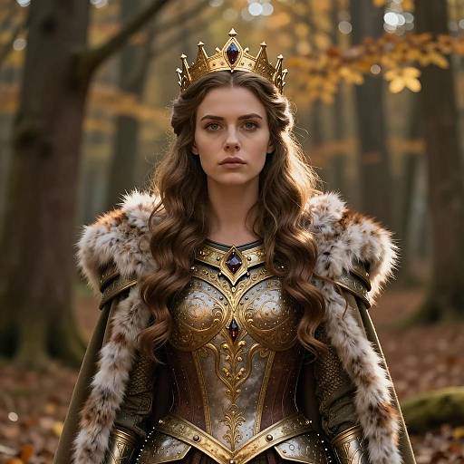 Regal Queen in Medieval Armor in Autumn Forest
