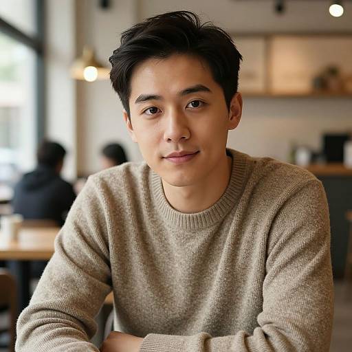 Photograph of an Asian man with short black hair, wearing a beige sweater, sitting in a softly lit, modern café.