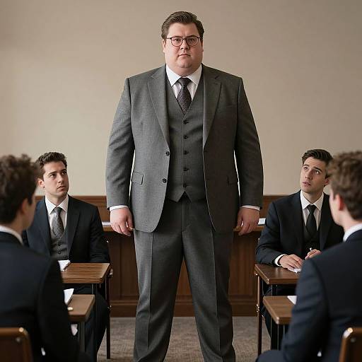 Photograph of a large, balding man in a grey three-piece suit standing in a classroom, surrounded by four men in black suits, all seated