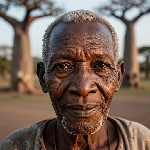 Close-up photograph of an elderly African man with deep wrinkles, short gray hair, and a warm smile, standing in front of tall, blurred baob