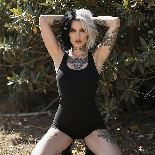 Tattooed Woman in Sunlit Outdoor Setting
