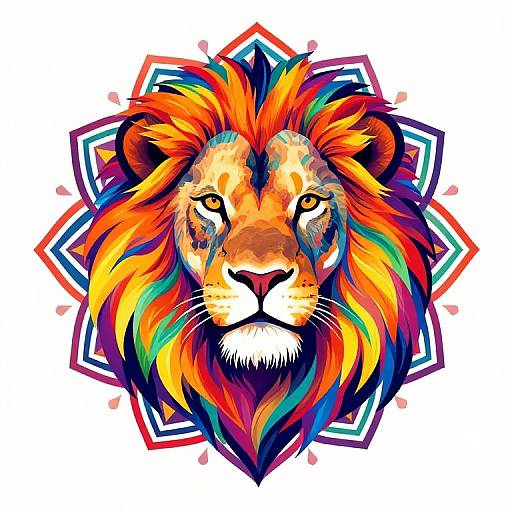 Colorful digital drawing of a lion's head with a vibrant, rainbow mane and geometric background, featuring bold, bright hues and sharp lines.