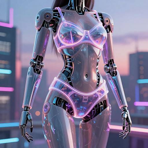 Photorealistic CGI of a neon-lit, silver, humanoid robot woman with glowing purple and pink accents, standing in a futuristic cityscape at dusk
