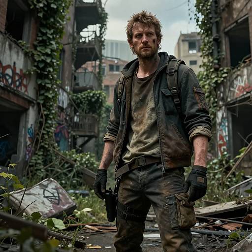 Photograph of a rugged, bearded man in a dirty jacket, gloves, and pants, standing in a graffiti-covered, abandoned, overgrown urban