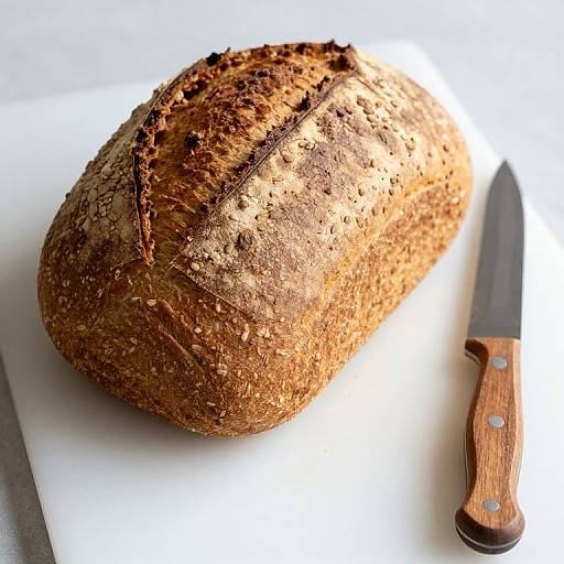 Photograph of a crusty, brown bread loaf with textured surface, next to a wooden-handled kitchen knife on a white surface.