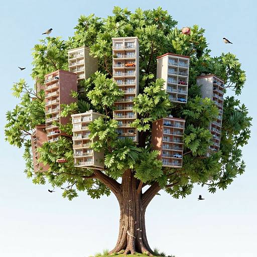 Whimsical Tree with Miniature Apartments