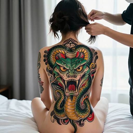 Photograph of a tattooed woman with a large, colorful, detailed snake and dragon back tattoo, seated on a bed, being helped with her hair
