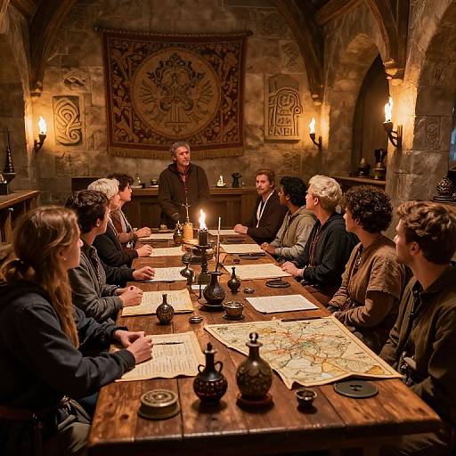 Photograph of a medieval-style meeting in a dimly lit stone room, with a map, candles, and stone walls, led by a man in